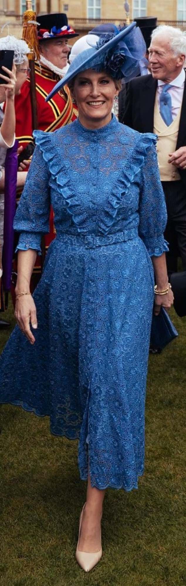 Attending a Buckingham Palace garden party in 2023, Sophie exuded glamour in a Suzannah dress, crafted from Guipure lace and featuring a fit-and-flare silhouette