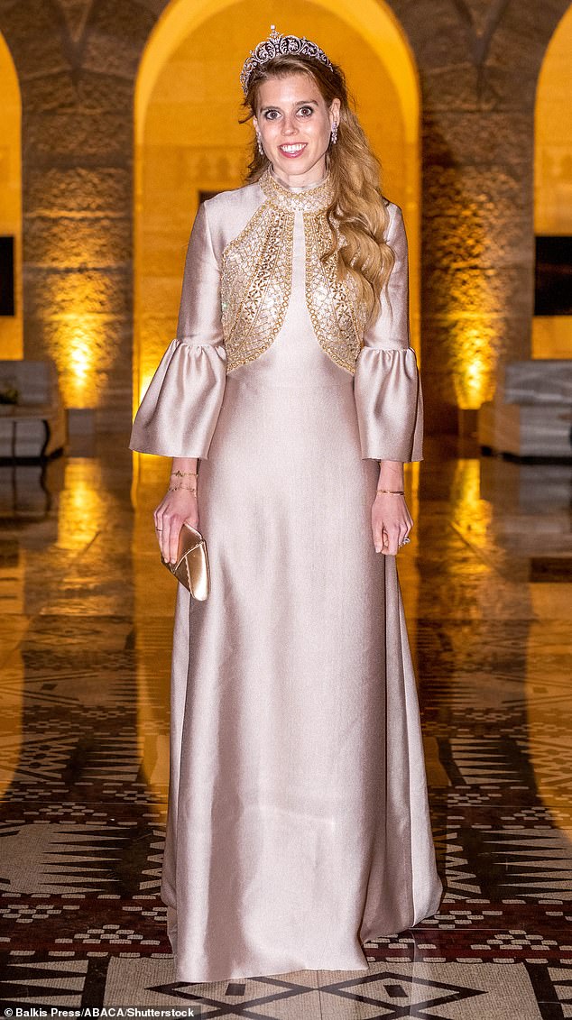 Last year, Beatrice wowed in an exquisite satin gown by Lebanese designer Reem Acra at the wedding of Crown Prince Hussein and Princess Rajwa of Jordan