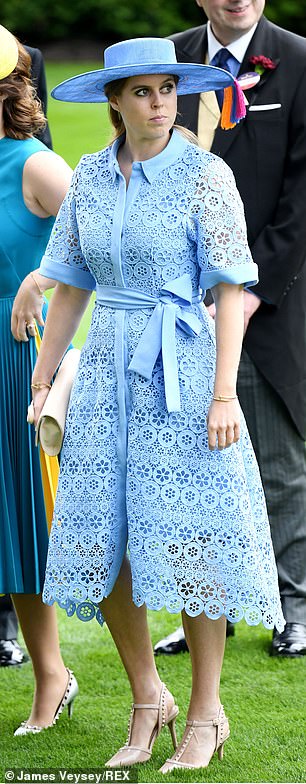 Emily and Olivia put together Beatrice's Royal Ascot look, comprising a pastel blue lace dress by Maje and a Bundle MacLaren hat