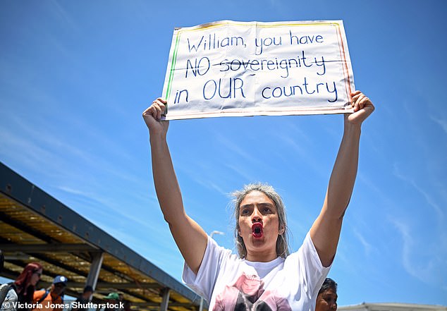 An anti-royalist protestor took to Kalk Bay Harbour with a sign saying 'William, you have no sovereignty in our country'