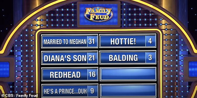 Pictured: the six most common things Americans know about Prince Harry, according to a Family Feud survey