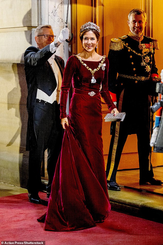 Queen Mary wore her Birgit Hallstein velvet dress for the 2024 New Year gala, teaming it with the Ruby Parure Tiara