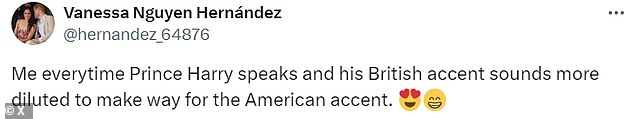 Reaction: One person wrote on X: 'He totally has an American accent now,' while another penned: 'Prince Harry's British accent sounds more diluted to make way for the American accent.'