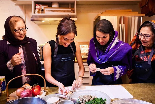 Meghan Markle cooking with displaced Afghan women, supported by the charity Mina's List, in February this year