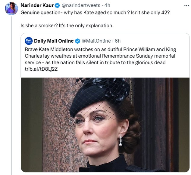 Narinder Kaur made the offensive comment on X yesterday as she reposted an article about the Princess of Wales attending Remembrance Sunday commemorations at the Cenotaph