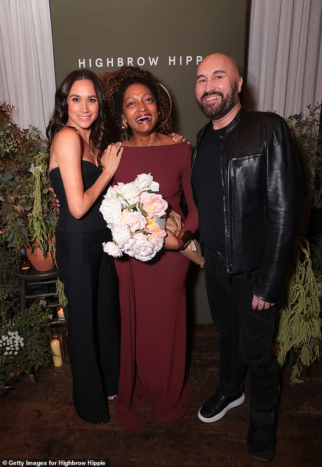 The Duchess of Sussex, 43, pictured at a launch event for her friend Kadi Lee's haircare line with Highbrow Hippie on Friday