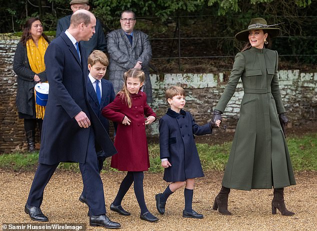 Prince William, Prince George, Princess Charlotte, Prince Louis and Kate at the Christmas Day service at Sandringham Church in 2022