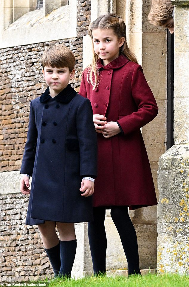 Prince Louis and Princess Charlotte at the Christmas Day church service, Sandringham, 2022