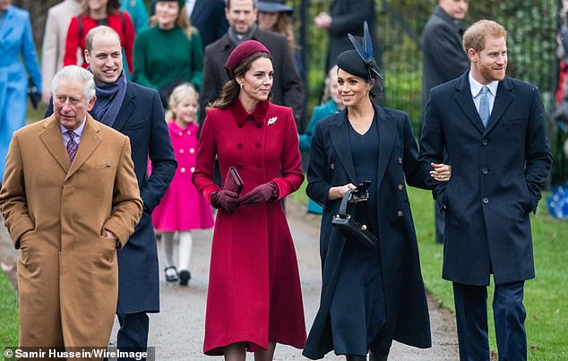 Harry, 40, and Meghan, 43, haven't spent Christmas with the Royal Family in the UK for six years. They are pictured on Christmas Day in 2018 at the Church of St Mary Magdalene