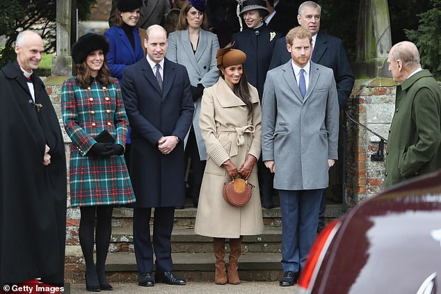 Princess Beatrice, Princess Eugenie, Princess Anne, Princess Royal, Prince Andrew, Prince William, Prince Philip, Kate, Meghan Markle and Prince Harry attend Christmas Day Church service at the Church of St Mary Magdalene on December 25, 2017