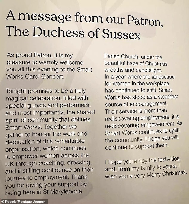 Meghan's remarks were shared in the programme for UK charity Smart Works' carol service at St Marylebone Parish Church on Tuesday