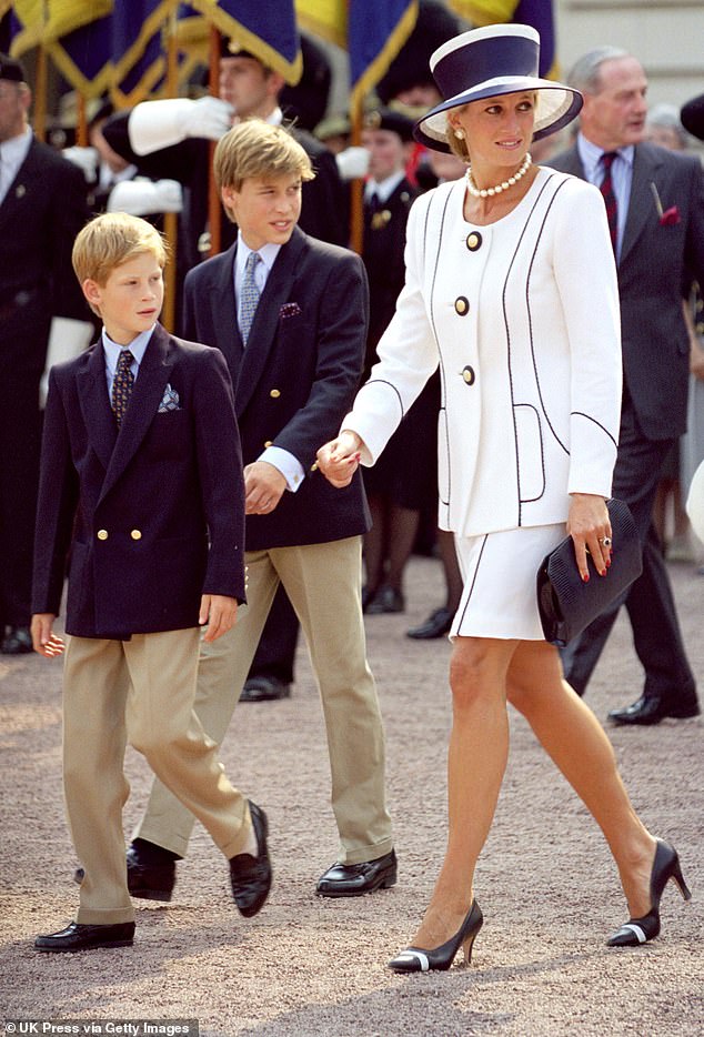 Princess Diana is pictured with both of her sons, Prince William and Prince Harry, in London in 1995