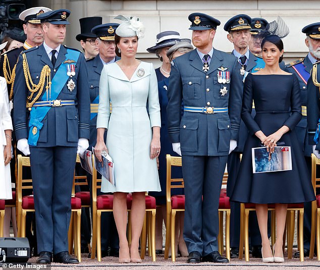 The princes and their wives attend the 100th birthday of the Royal Air Force on the forecourt of Buckingham Palace in July 2018