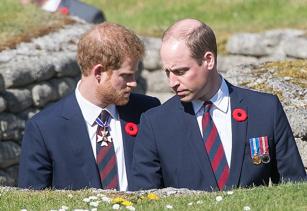 It's claimed Prince William, who dated Kate for eight years before proposing, was 'nervous' about how quickly Harry and Meghan were moving. Pictured: Prince William and Prince Harry in April 2017