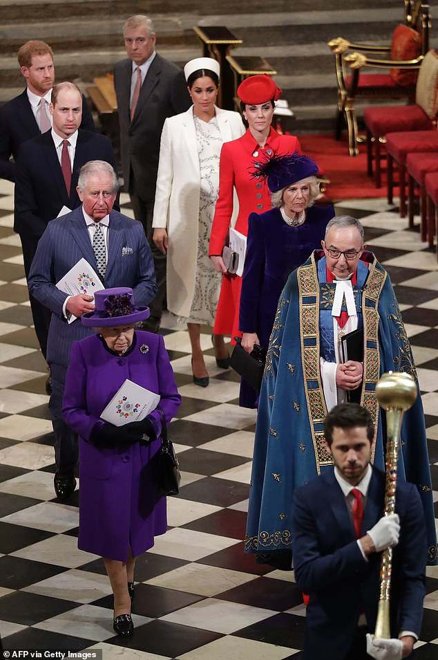 Queen Elizabeth II, Prince Andrew, Prince Harry, Prince William, Meghan, Prince Charles, Kate and Camilla leave Westminster Abbey last year after attending the Commonwealth Day service at the church in London on March 11, 2019