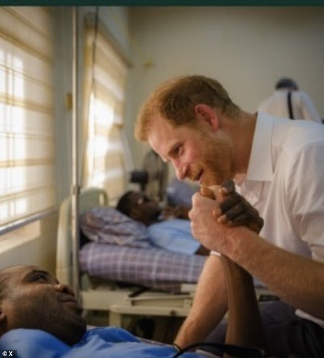 Prince Harry during a visit to the the wards of the Nigerian military hospital Kadun