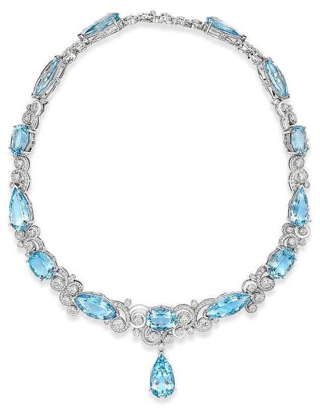 The exquisite Geneva necklace is set with pear, marquise and oval cut aquamarines and diamonds in platinum, earning it a hefty price tag of £260,000