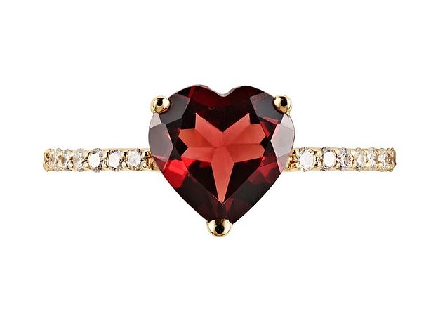 This alluring ring from Libelula features a 1.5-carat red garnet shaped into a heart