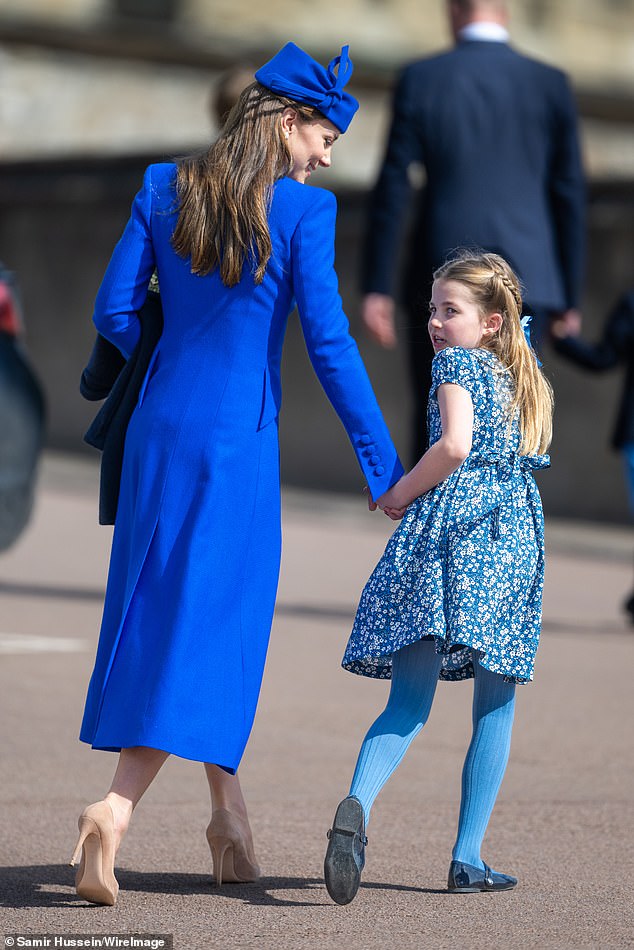 In more recent years, the middle Wales child has given a sophisticated twist to her beloved look, adding dark blue tights and Mary Janes when attending the Easter Sunday service with her mother Kate in 2023