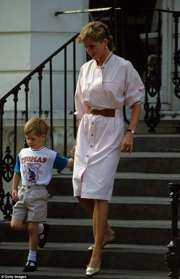 Prince Harry wears a Thomas the Tank Engine t-shirt when he leaves nursery school with his mother, the late Princess Diana, in June 1989