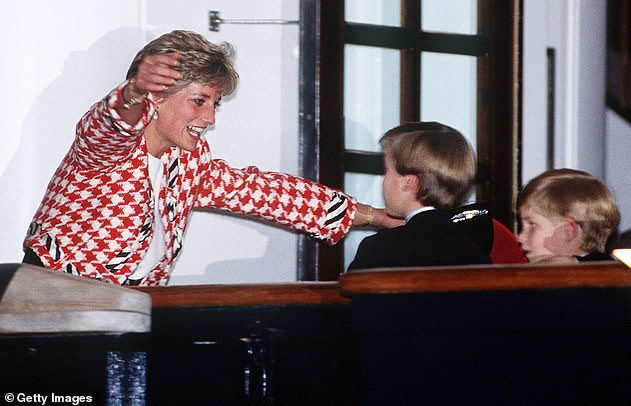 An image selected for the Duke and Duchess of Sussex's Christmas card appears to make a subtle nod to Princess Diana by mirroring an image of the late Princess greeting her sons in Toronto, 1991 (pictured)