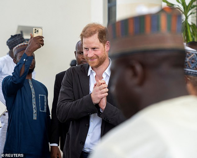 Pictured: Prince Harry, Duke of Sussex, on the day of his visit to the Kaduna State Government House in Kaduna, Nigeria, in May