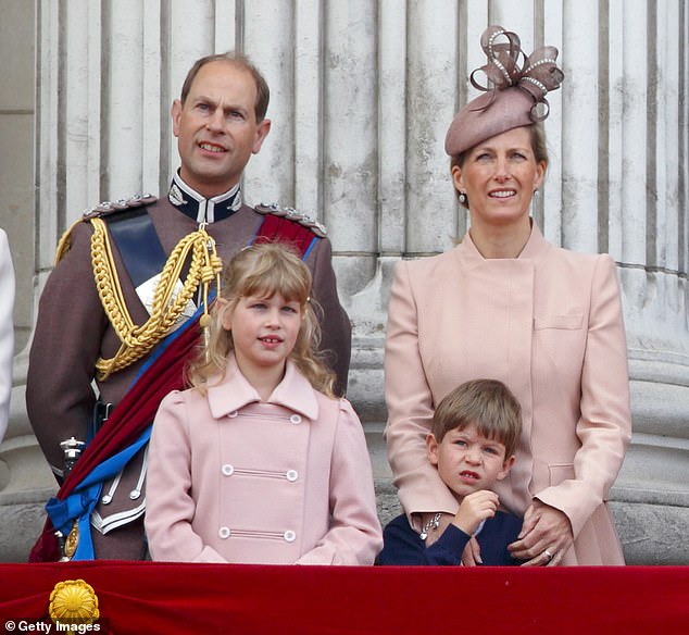 Prince Edward and Sophie with their two children - Lady Louise and James - on the Buckingham Palace balcony following Trooping the Colour in 2013