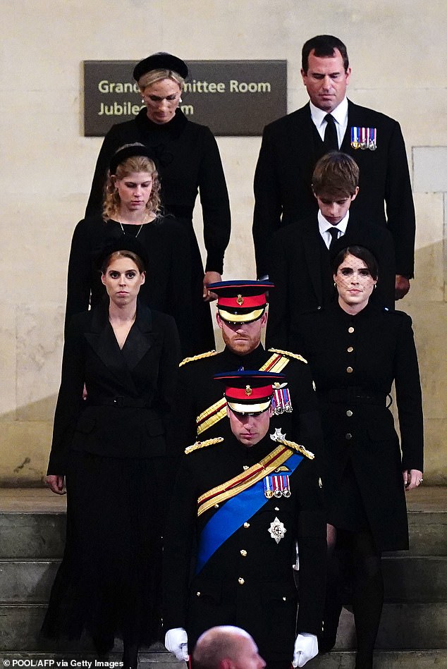 James holding a vigil with the Queen's other grandchildren - William, Harry, Princesses Beatrice and Eugenie, Zara Tindall, Peter Phillips and Louise - in 2022