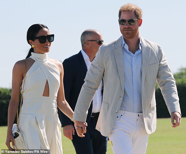 The Duke and Duchess of Sussex at the Royal Salute Polo Challenge, to benefit Sentebale, at The USPA National Polo Center in Wellington, Florida in April