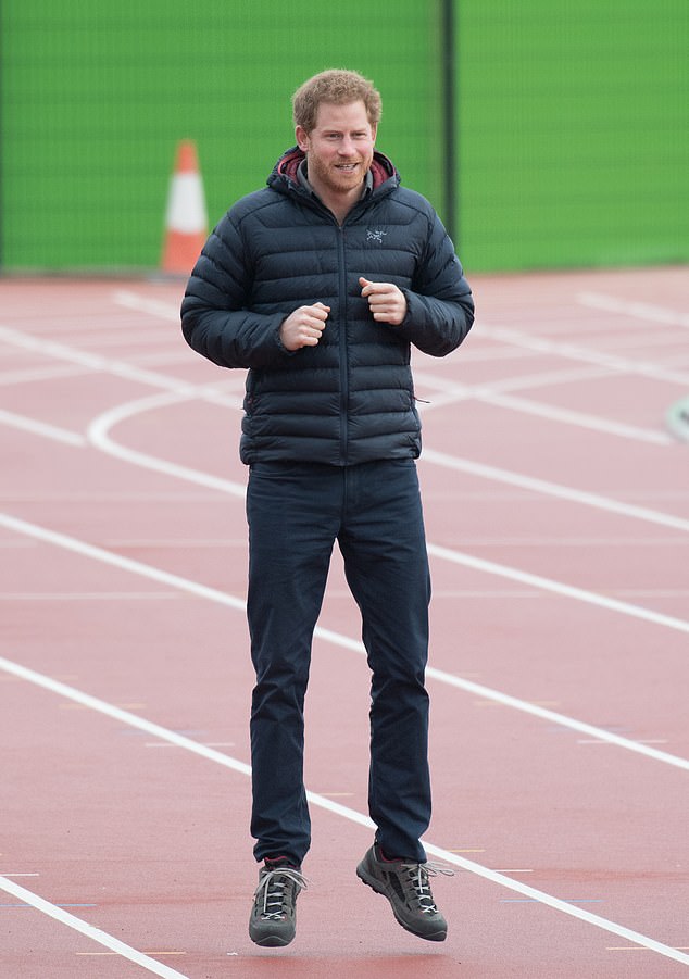 Harry sporting an Arc'teryx padded coat during a Heads Together event with Prince William and Kate at Olympic Park in 2017