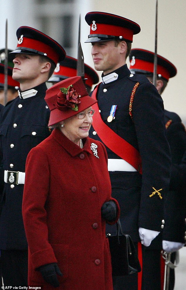 Queen Elizabeth inspecting the soldiers, including Prince William