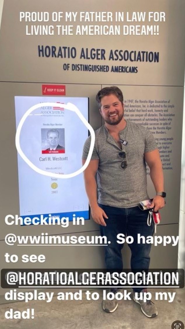 39-year-old Chart ·pictured with his dad's display at the Horatio Alger Association) writes in the letter to the British royal, 'Our father, who served honorably in the 101st Airborne Division, was one of the soldiers deployed by President Eisenhower to uphold civil rights during the Little Rock Nine crisis.