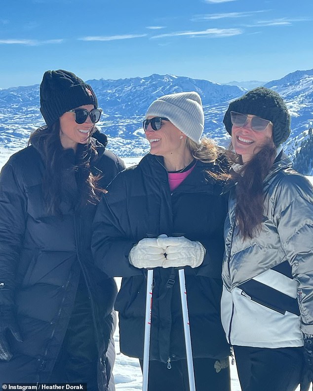 Meghan Markle (left) at Powder Mountain in Utah with Heather Dorak (centre) and best friend Kelly McKee Zajfen (right), in a photo posted on Instagram by both Dorak and Zajfen in March