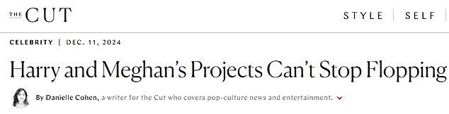 This week, The Cut published a piece titled 'Harry and Meghan's Projects Can't Stop Flopping' by pop culture and entertainment writer Danielle Cohen