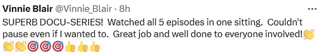 But it wasn't all bad reviews from viewers, with some insisting the show had them 'hooked', with one person writing: 'Watched all five episodes in one sitting. Couldn't pause even if I wanted to. Great job and well done to everyone involved!'