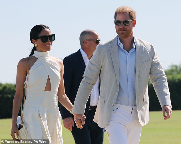 Harry and Meghan's blink-and-you-miss-it appearance in Polo comes at the beginning of episode five, when Harry plays a charity polo match for his non-profit Sentebale