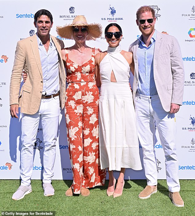 Nacho Figueras and Delfina Blaquier with Meghan and Harry at the Royal Salute Polo Challenge benefitting Sentebale in April