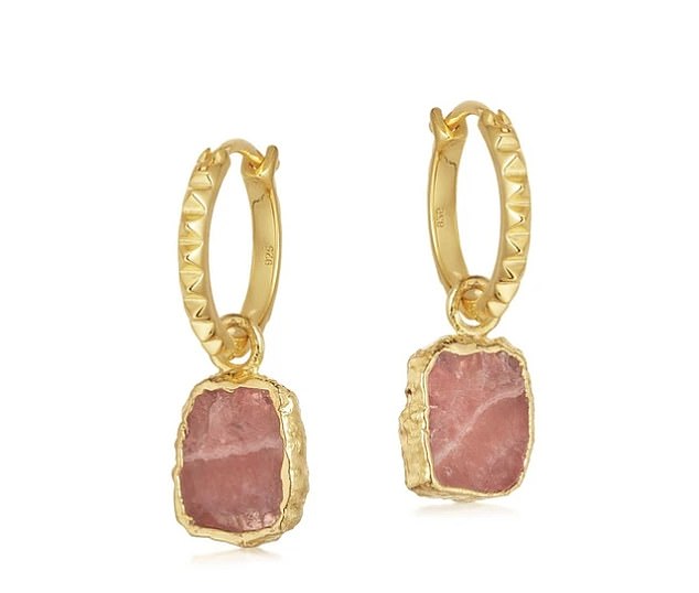 The dainty earrings feature pink rhodochrosite gemstones, associated with love and compassion