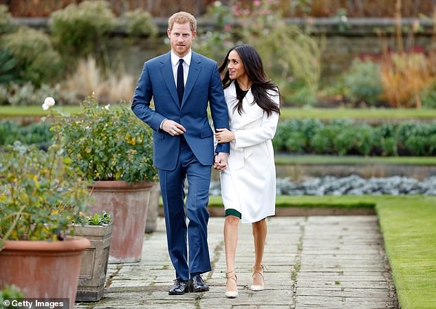 Meghan holds Harry's arm and hand while looking up to him and smiling as they walk towards cameras to make their official engagement announcement in November 2017