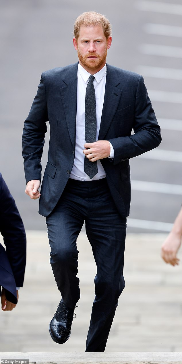 Harry committed in a public interview to 'seeing this through', even if the amount he wins in court is 'a hundred times' less than his settlement offer - he is pictured here arriving at the Royal Courts of Justice on March 30