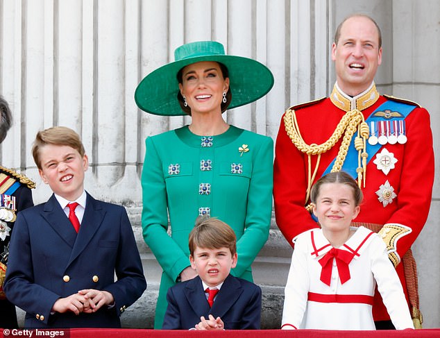 Princess Kate and Prince William with their children Princes George and Louis and Princess Charlotte on the Buckingham Palace balcony in 2023