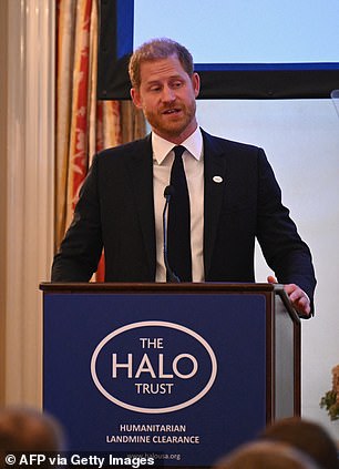 Harry delivering a speech to the Halo Trust event in September