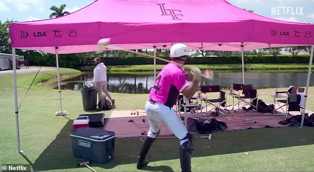 French-born player Louis, 43, features heavily in the show and in one of the more dramatic scenes, the hunky former professional golfer turned polo star is seen smashing his mallet against a tent pole and hurling his helmet to the ground (pictured)