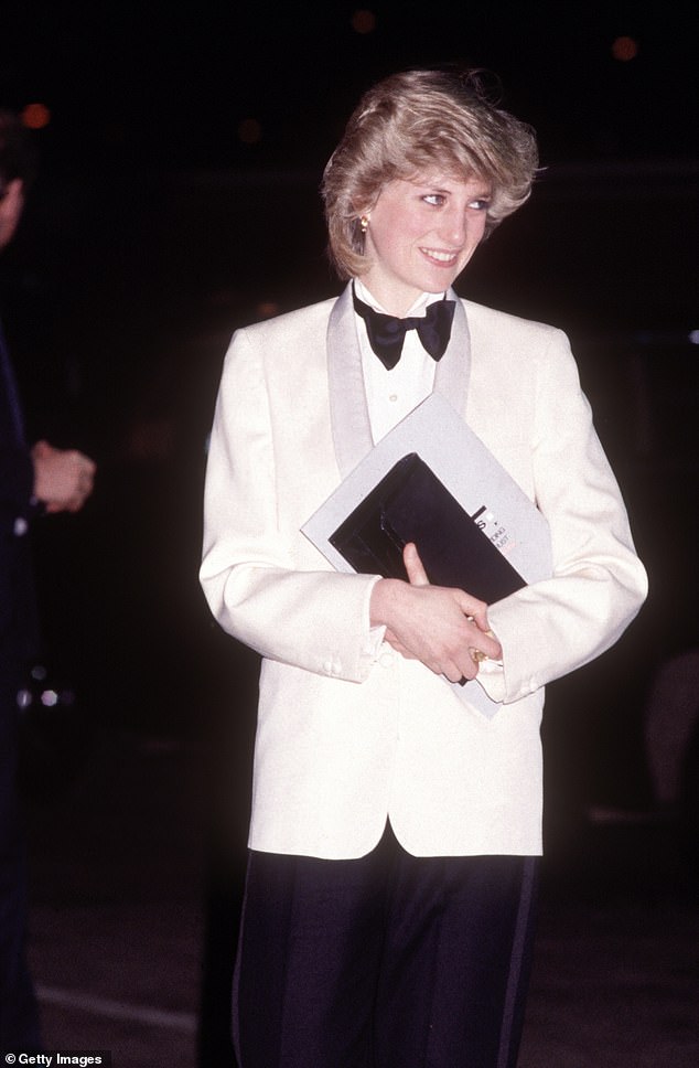 Princess Diana attended a Genesis concert in Birmingham in 1984 wearing a tuxedo by Margaret Howell. Her white dinner jacket contrasted against her satin trousers and bow tie