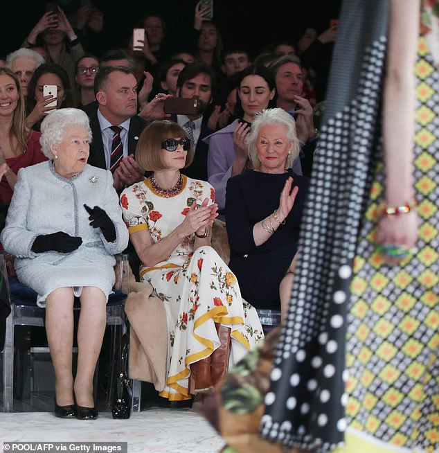 Royal dressmaker Angela Kelly, pictured right with her 'best friend' the Queen and Anna Wintour in 2018, was allegedly given a home in return for her silence after the Queen died