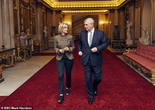 The real Andrew walks with Emily Maitlis after the interview where he spoke about his links to Jeffrey Epstein