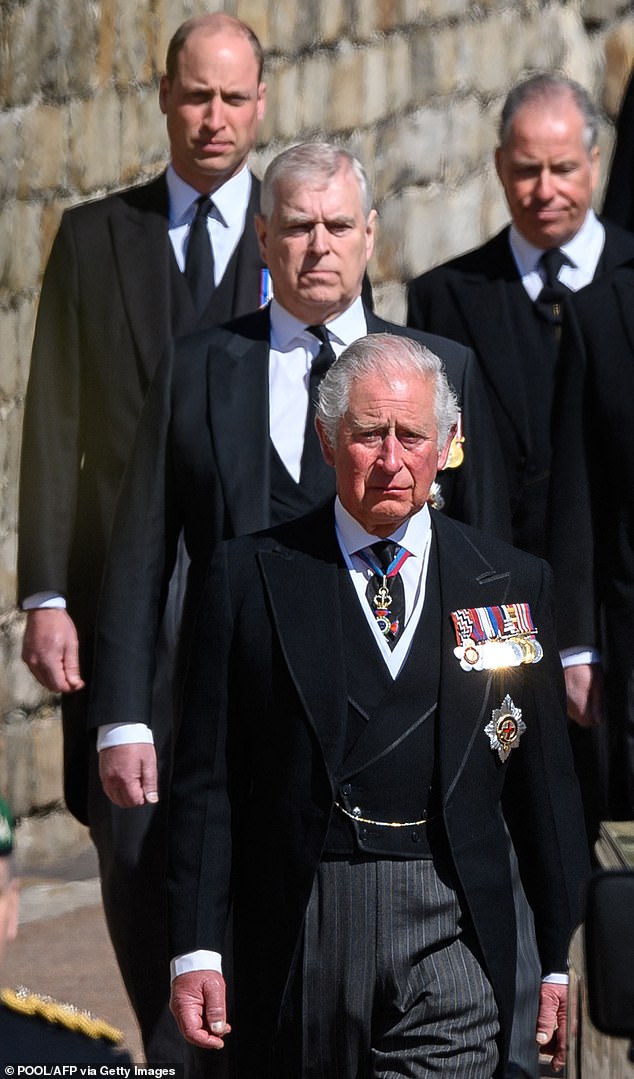 Andrew with his brother Prince Charles and Prince William in morning suits during the ceremonial funeral procession of Prince Philip