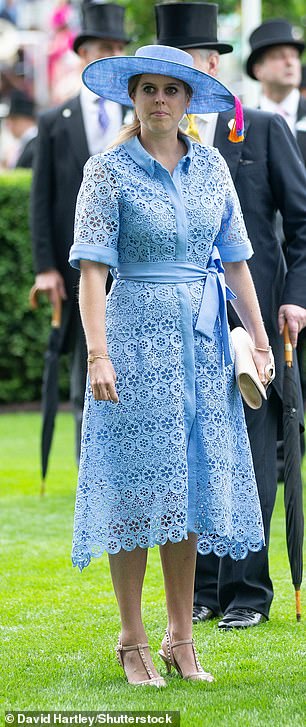 Princess Beatrice at Ascot in 2019 wearing a Maje pale blue dress