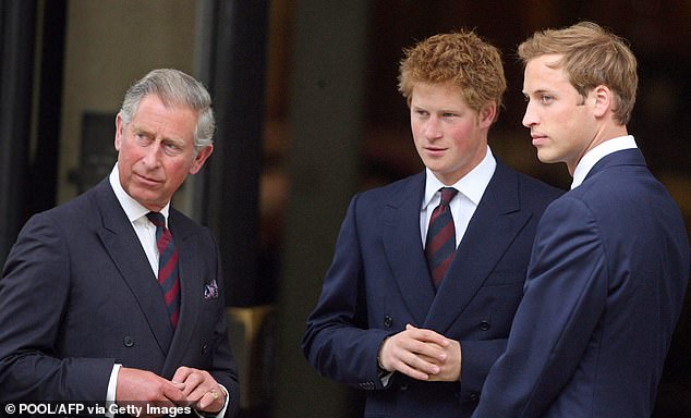 Charles, Harry and William arrive at a memorial to mark the tenth anniversary of Diana's death at the Guards' Chapel in London on August 31, 2007