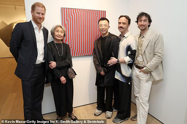 (From left) Prince Harry poses for a photo next to Tokyo-born artist Rakuko Naito and other guests Nolan Fang, Edward Mccabe and Ki Smith at the New York gallery last night